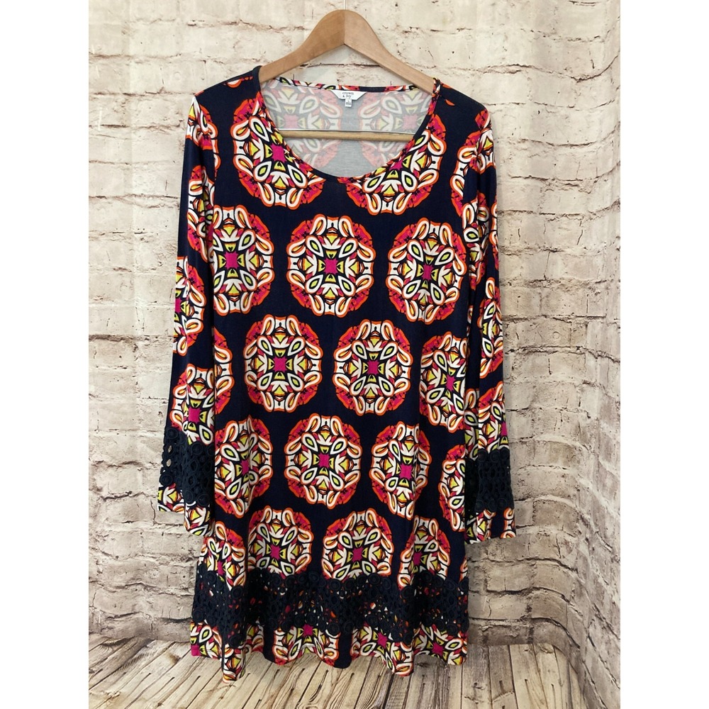 Crown & Ivy Dress Womens Large Tunic Medallion Print Crochet Trim Stretch Navy